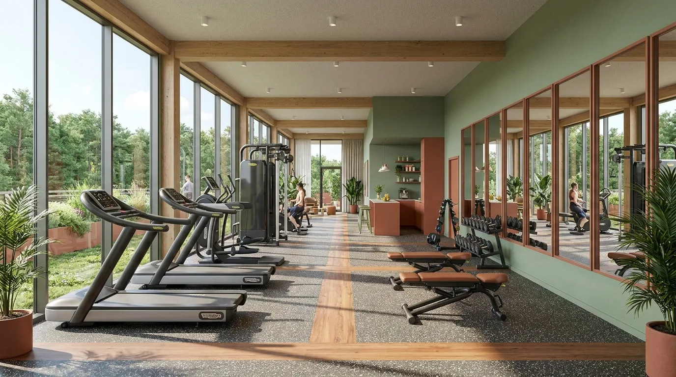 Render del gimnasio equipado con máquinas modernas y luz natural