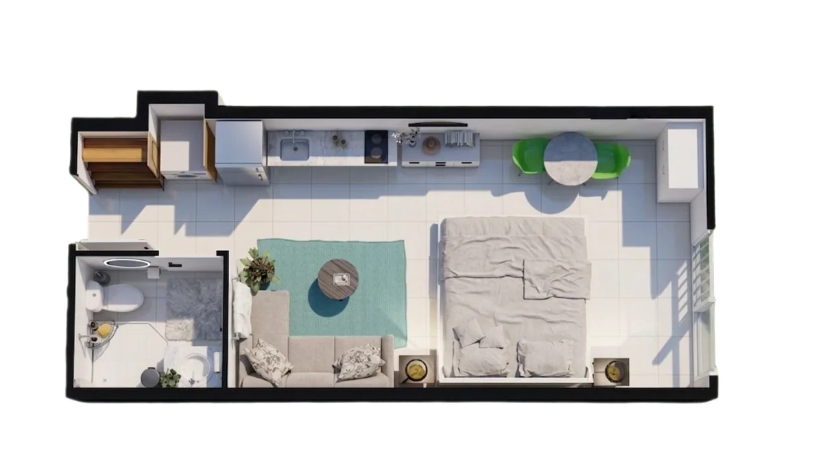 Plano del apartaestudio: un ambiente con cama, sala, cocina y un baño